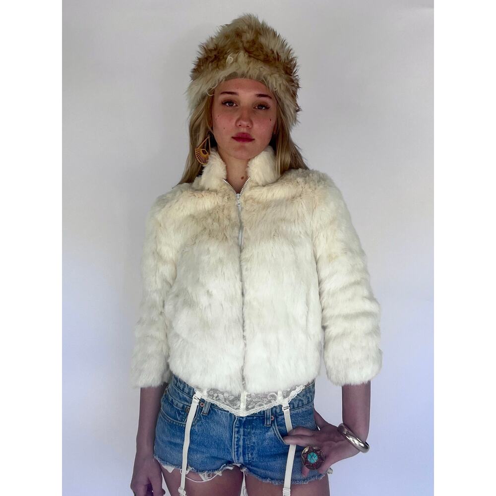 VTG 80s NIKI Plush Rabbit Fur Bomber Ivory Crop Jacket XS